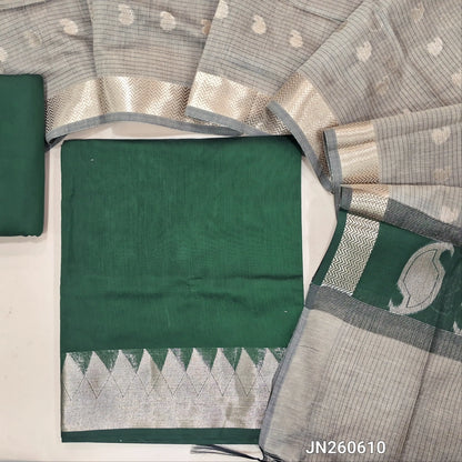Dark green maheshwari silk cotton unstitched salwar material( soft,lining needed) benarasi zari woven borders,matching silk cotton bottom, Maheshwari silk cotton zari buttas dupatta with pallu. JN260610
