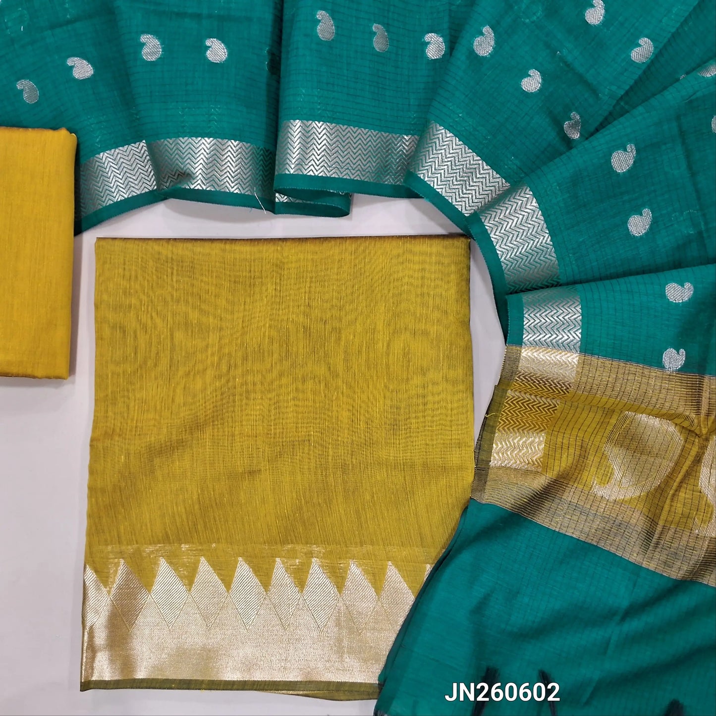 Mehandhi yellow maheshwari silk cotton unstitched salwar material( soft,lining needed) benarasi zari woven borders,matching silk cotton bottom, Maheshwari silk cotton zari buttas dupatta with pallu. JN260602