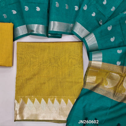 Mehandhi yellow maheshwari silk cotton unstitched salwar material( soft,lining needed) benarasi zari woven borders,matching silk cotton bottom, Maheshwari silk cotton zari buttas dupatta with pallu. JN260602