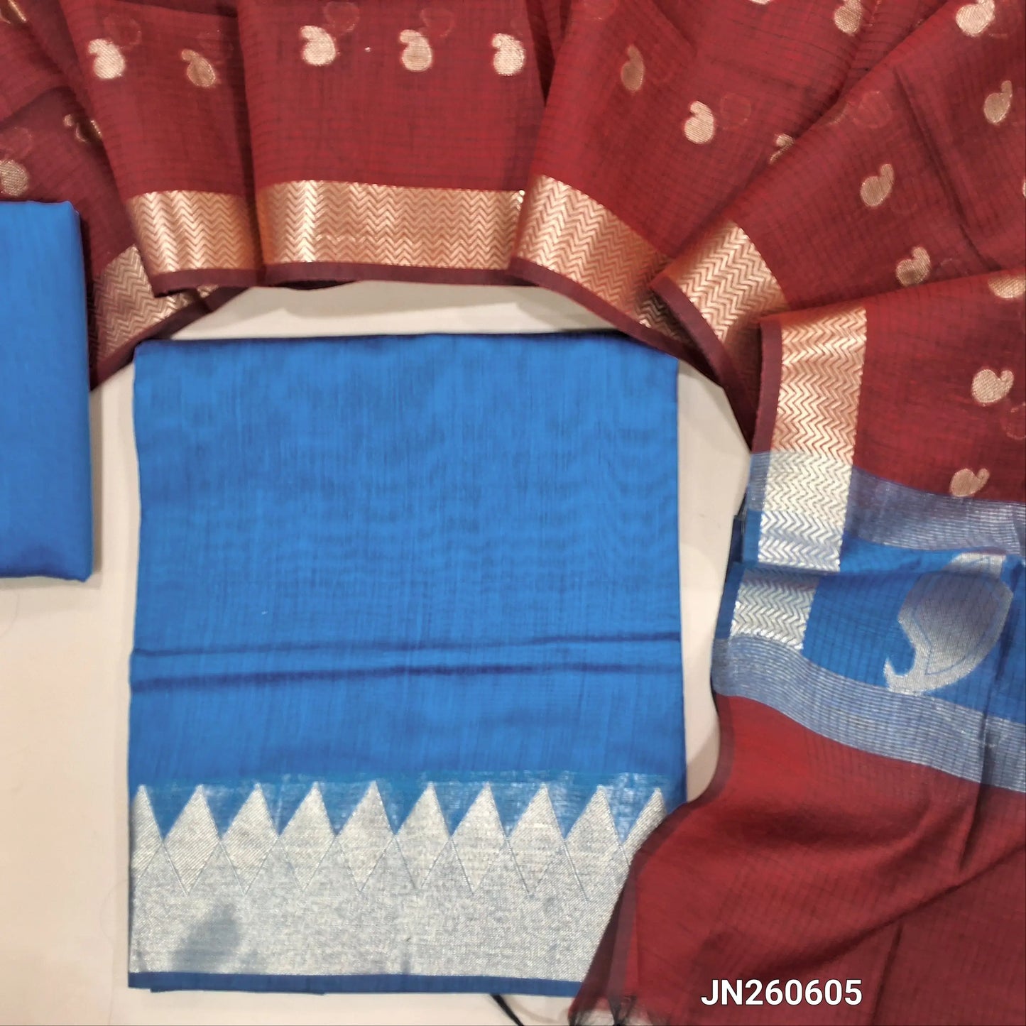 Turquiose blue maheshwari silk cotton unstitched salwar material( soft,lining needed) benarasi zari woven borders,matching silk cotton bottom, Maheshwari silk cotton zari buttas dupatta with pallu. JN260605