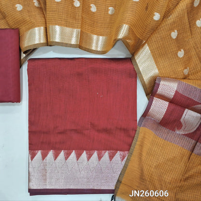 Maroon maheshwari silk cotton unstitched salwar material( soft,lining needed) benarasi zari woven borders,matching silk cotton bottom, Maheshwari silk cotton zari buttas dupatta with pallu. JN260606