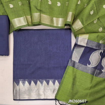 Dark blue maheshwari silk cotton unstitched salwar material( soft,lining needed) benarasi zari woven borders,matching silk cotton bottom, Maheshwari silk cotton zari buttas dupatta with pallu. JN260607