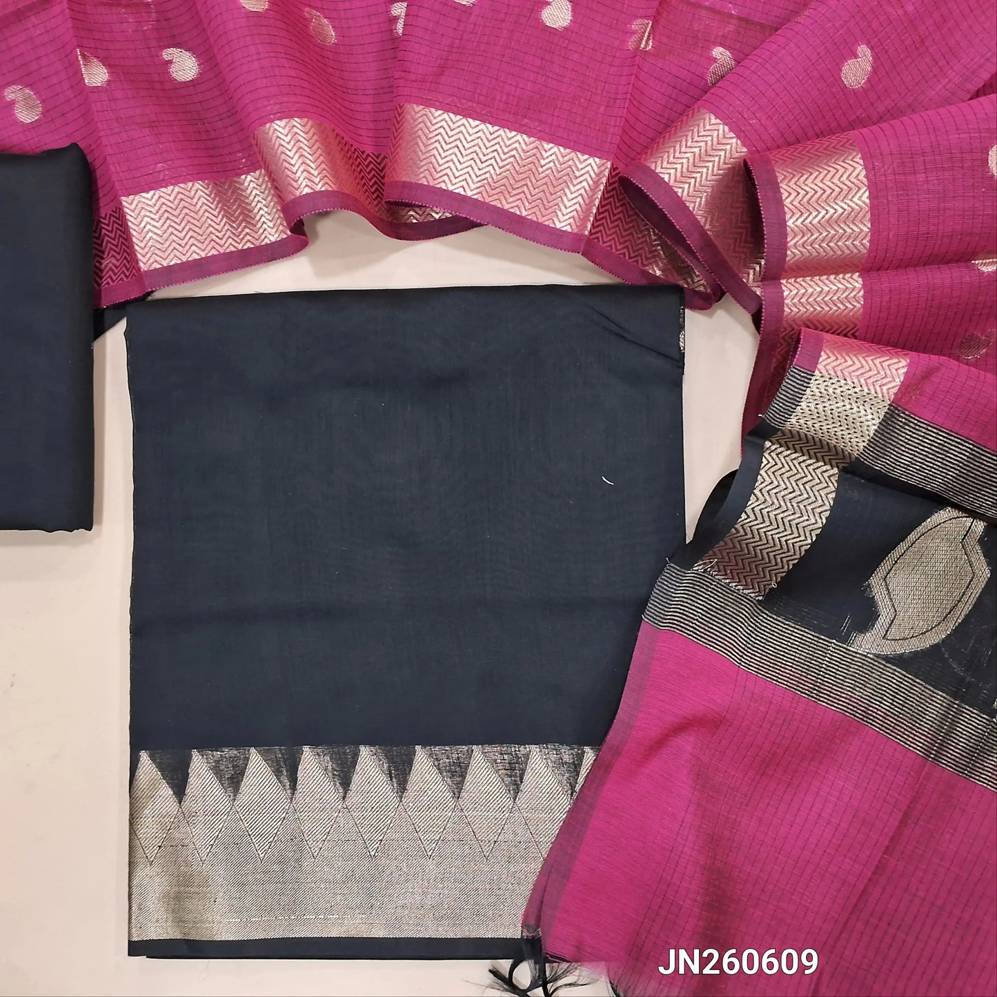 Black maheshwari silk cotton unstitched salwar material( soft,lining needed) benarasi zari woven borders,matching silk cotton bottom, Maheshwari silk cotton zari buttas dupatta with pallu. JN260609