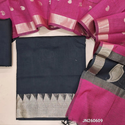 Black maheshwari silk cotton unstitched salwar material( soft,lining needed) benarasi zari woven borders,matching silk cotton bottom, Maheshwari silk cotton zari buttas dupatta with pallu. JN260609