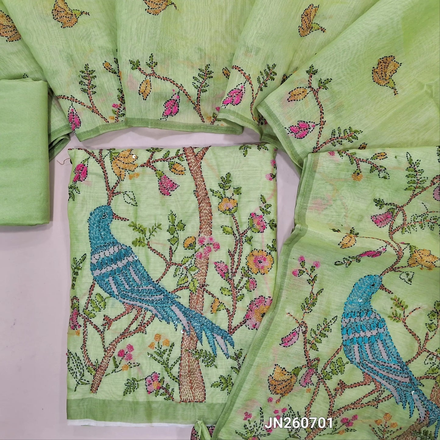 Pastel green digital printed premium silk cotton unstitched salwar material,(light weight,lining needed)thread detailing,hand embroidery, kantha stitch & french knot work on daman,santoon bottom, embroidery & digital printed silk cotton dupatta. JN260701
