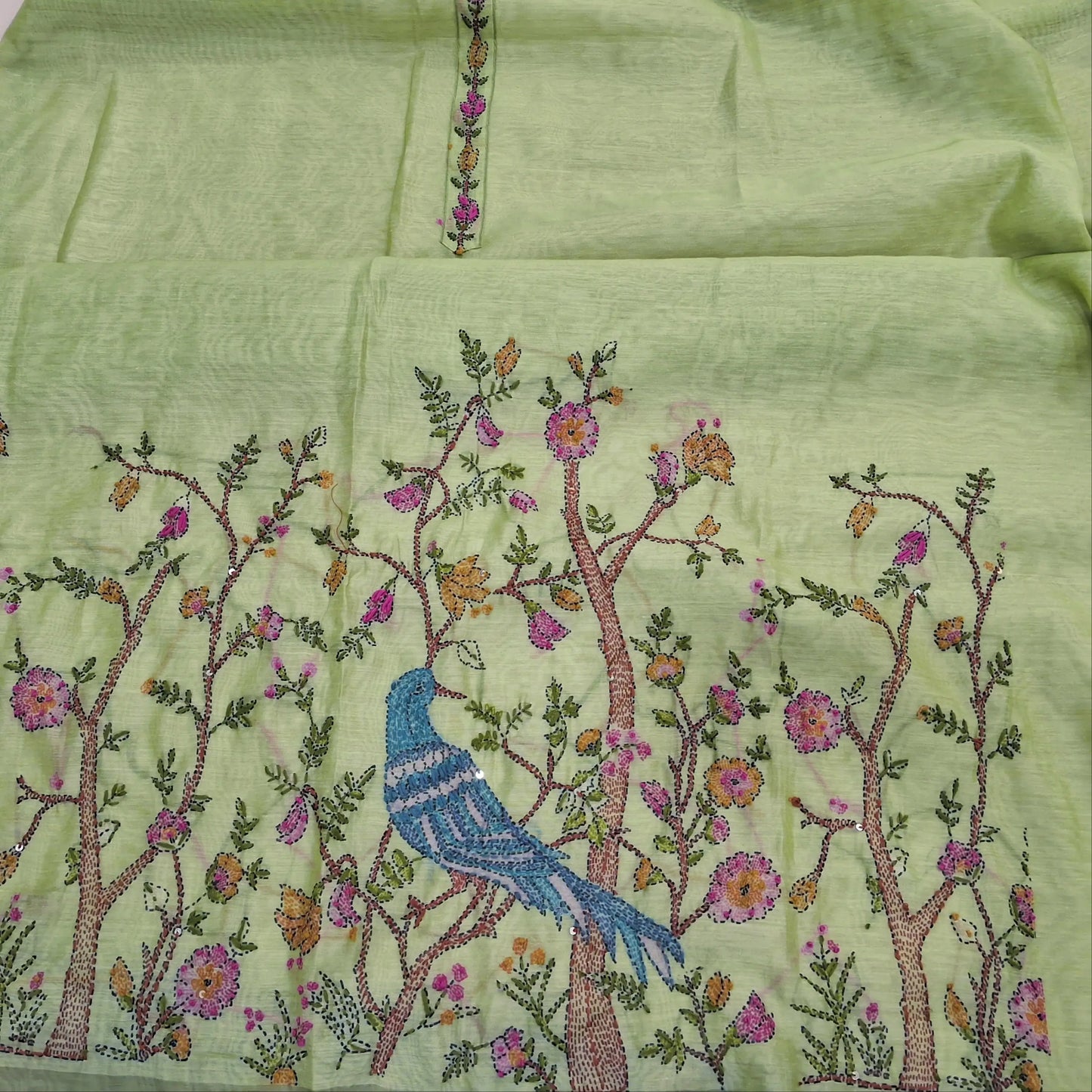 Pastel green digital printed premium silk cotton unstitched salwar material,(light weight,lining needed)thread detailing,hand embroidery, kantha stitch & french knot work on daman,santoon bottom, embroidery & digital printed silk cotton dupatta. JN260701