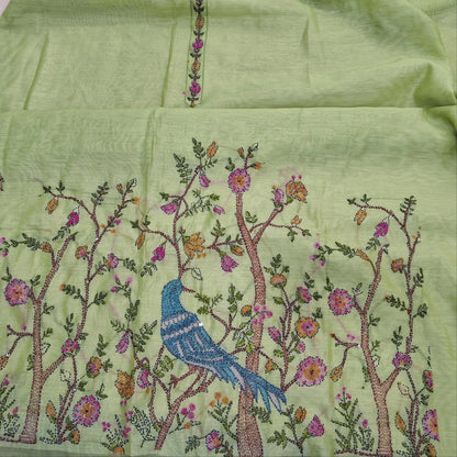 Pastel green digital printed premium silk cotton unstitched salwar material,(light weight,lining needed)thread detailing,hand embroidery, kantha stitch & french knot work on daman,santoon bottom, embroidery & digital printed silk cotton dupatta. JN260701