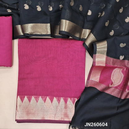 Rani pink maheshwari silk cotton unstitched salwar material( soft,lining needed) benarasi zari woven borders,matching silk cotton bottom, Maheshwari silk cotton zari buttas dupatta with pallu. JN260604