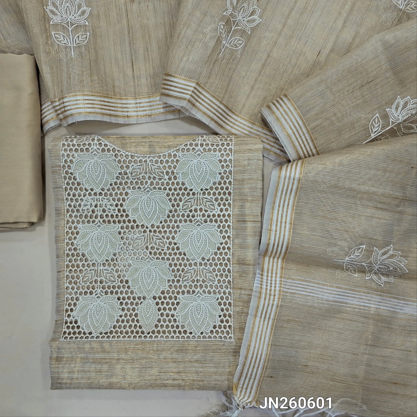 Golden beige with golden tint tissue silk cotton unstitched salwar material,cutwork and embroidery work on yoke,(lining needed)silk cotton bottom, embroidery work on full length tissue silk cotton dupatta with borders. JN260601