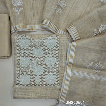 Golden beige with golden tint tissue silk cotton unstitched salwar material,cutwork and embroidery work on yoke,(lining needed)silk cotton bottom, embroidery work on full length tissue silk cotton dupatta with borders. JN260601
