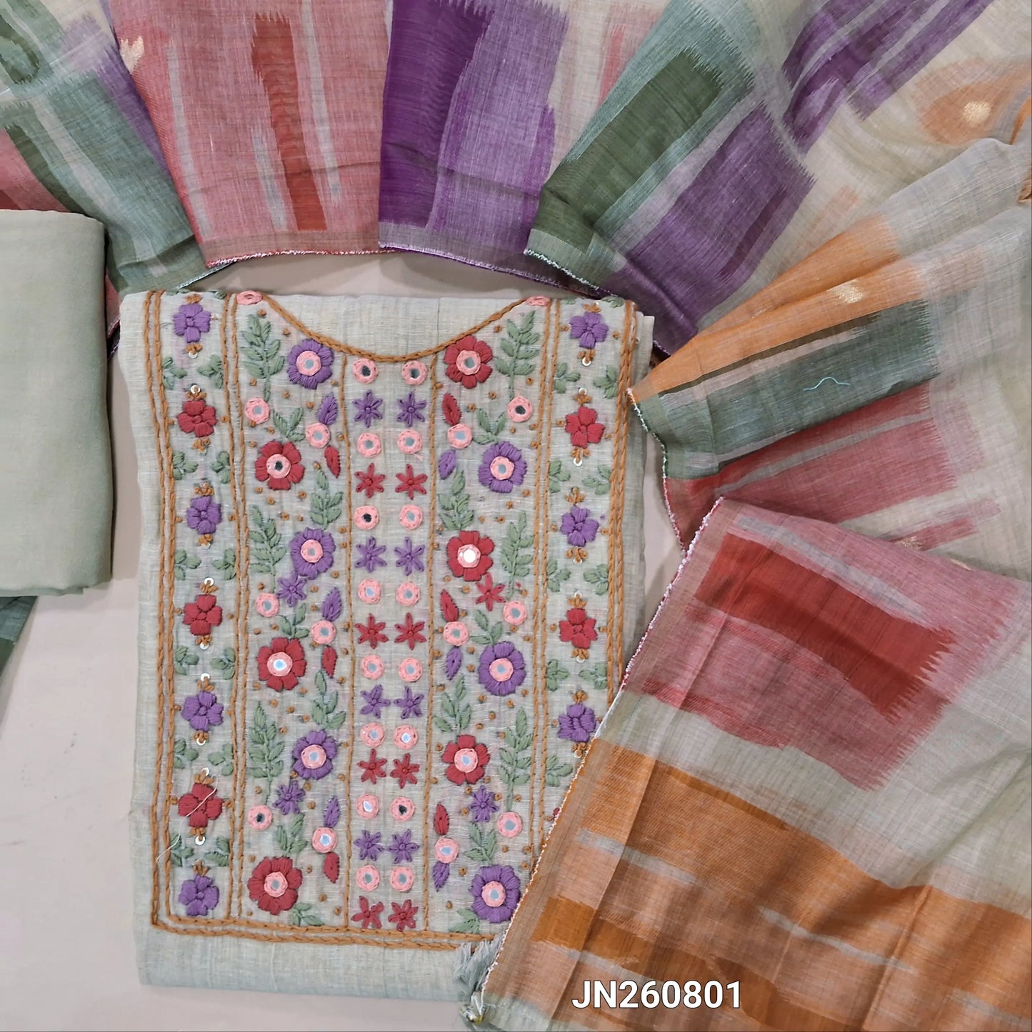Rich beige slub silk cotton unstitched salwar material,hand embroidery and mirror work on yoke  ( textured,lining needed)spun cotton bottom,jamdani woven silk cotton dupatta(TAPPING NEEDED). JN260801