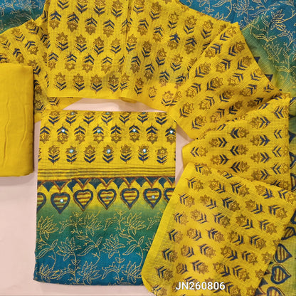 Mehandhi yellow & dark teal blue block printed kota unstitched salwar material,faux mirror on yoke,(Lining Needed) spun cotton bottom,block printed dual shaded kota dupatta. JN260806