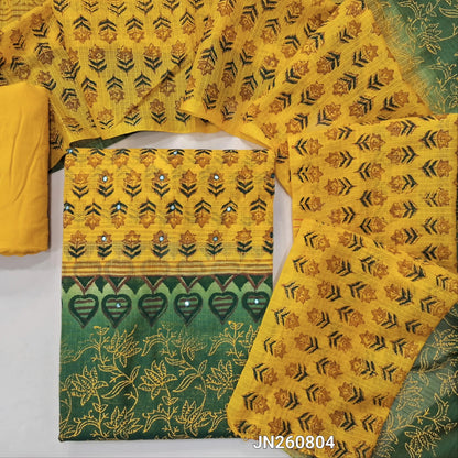 Mango yellow & dark green block printed kota unstitched salwar material,faux mirror on yoke,(Lining Needed) spun cotton bottom,block printed dual shaded kota dupatta. JN260804