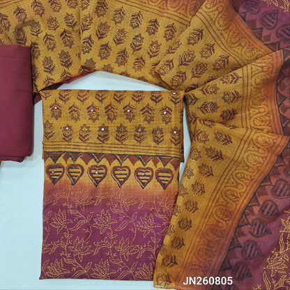 Fenugreek yellow & dark pink block printed kota unstitched salwar material,faux mirror on yoke,(Lining Needed) spun cotton bottom,block printed dual shaded kota dupatta. JN260805