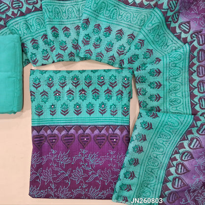 Pastel blue & purple block printed kota unstitched salwar material,faux mirror on yoke,(Lining Needed) spun cotton bottom,block printed dual shaded kota dupatta. JN260803