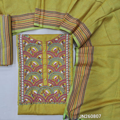 Mehandhi yellow spun silk cotton unstitched salwar material, embroidery work on yoke,(lining needed)printed spun silk cotton bottom, spun silk cotton dupatta with borders. JN260807