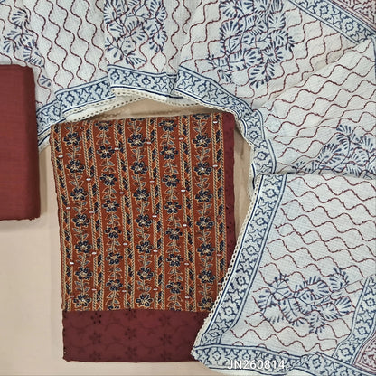 Dark maroon schiffli embroidered pure cotton unstitched salwar material,floral printed and real mirror on yoke,(lining needed)slub cotton bottom, hand block printed kota cotton dupatta. JN260814