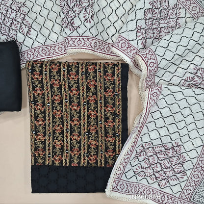 Black schiffli embroidered pure cotton unstitched salwar material,floral printed and real mirror on yoke,(lining needed)slub cotton bottom, hand block printed kota cotton dupatta. JN260816