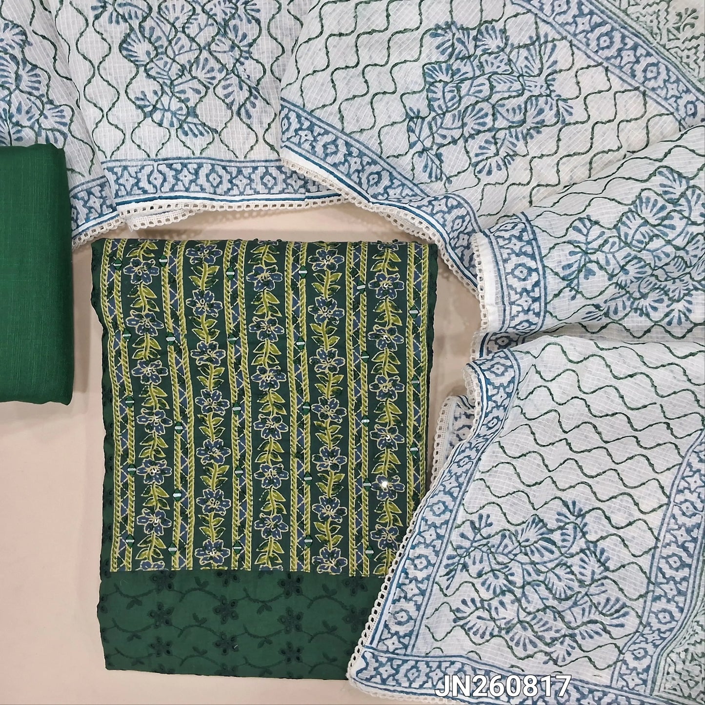 Dark green schiffli embroidered pure cotton unstitched salwar material,floral printed and real mirror on yoke,(lining needed)slub cotton bottom, hand block printed kota cotton dupatta. JN260817