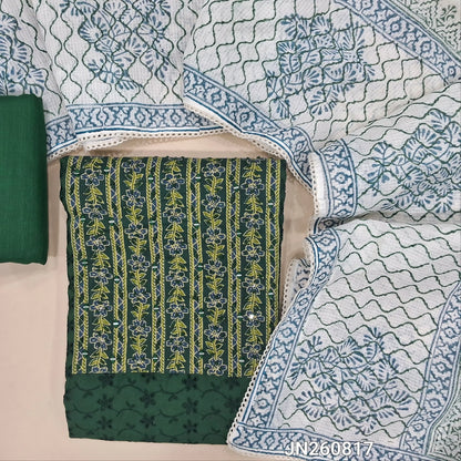 Dark green schiffli embroidered pure cotton unstitched salwar material,floral printed and real mirror on yoke,(lining needed)slub cotton bottom, hand block printed kota cotton dupatta. JN260817