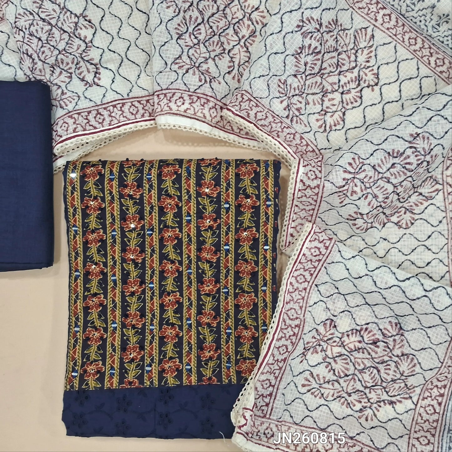 Dark blue schiffli embroidered pure cotton unstitched salwar material,floral printed and real mirror on yoke,(lining needed)slub cotton bottom, hand block printed kota cotton dupatta. JN260815