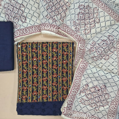 Dark blue schiffli embroidered pure cotton unstitched salwar material,floral printed and real mirror on yoke,(lining needed)slub cotton bottom, hand block printed kota cotton dupatta. JN260815