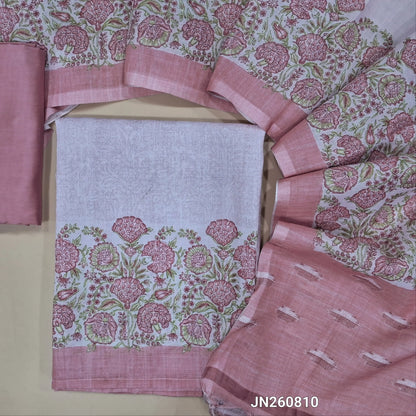 Pale pink semi linen unstitched salwar material, printed daman border,(thin fabric, lining needed)pastel pink silky bottom,printed full length semi linen dupatta with pallu. JN260810