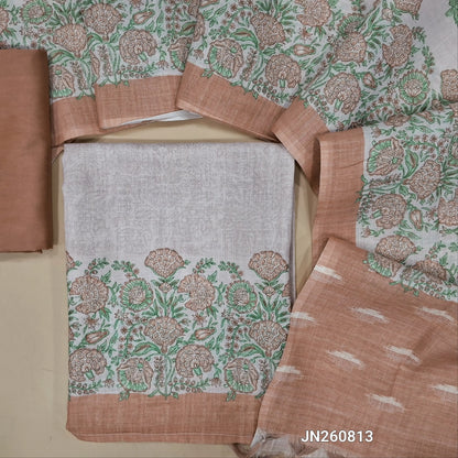 Pale pink semi linen unstitched salwar material, printed daman border,(thin fabric, lining needed) onion pink silky bottom,printed full length semi linen dupatta with pallu. JN260813