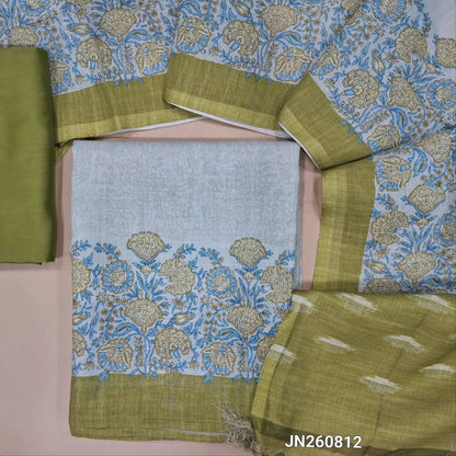 Light green semi linen unstitched salwar material, printed daman border,(thin fabric, lining needed)dark green silky bottom,printed full length semi linen dupatta with pallu. JN260812