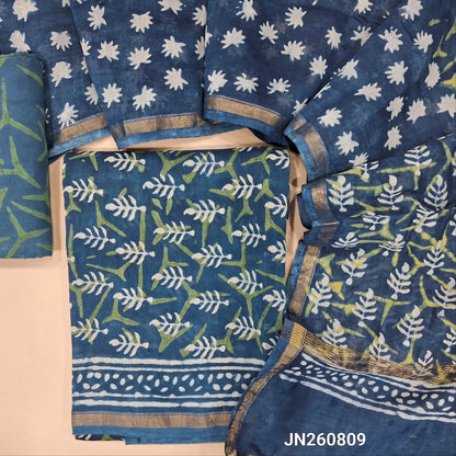 Indigo blue hand block printed premium chanderi silk cotton unstitched salwar material,(lining needed)block printed cotton bottom, block printed chanderi silk cotton dupatta with tissue borders. JN260809