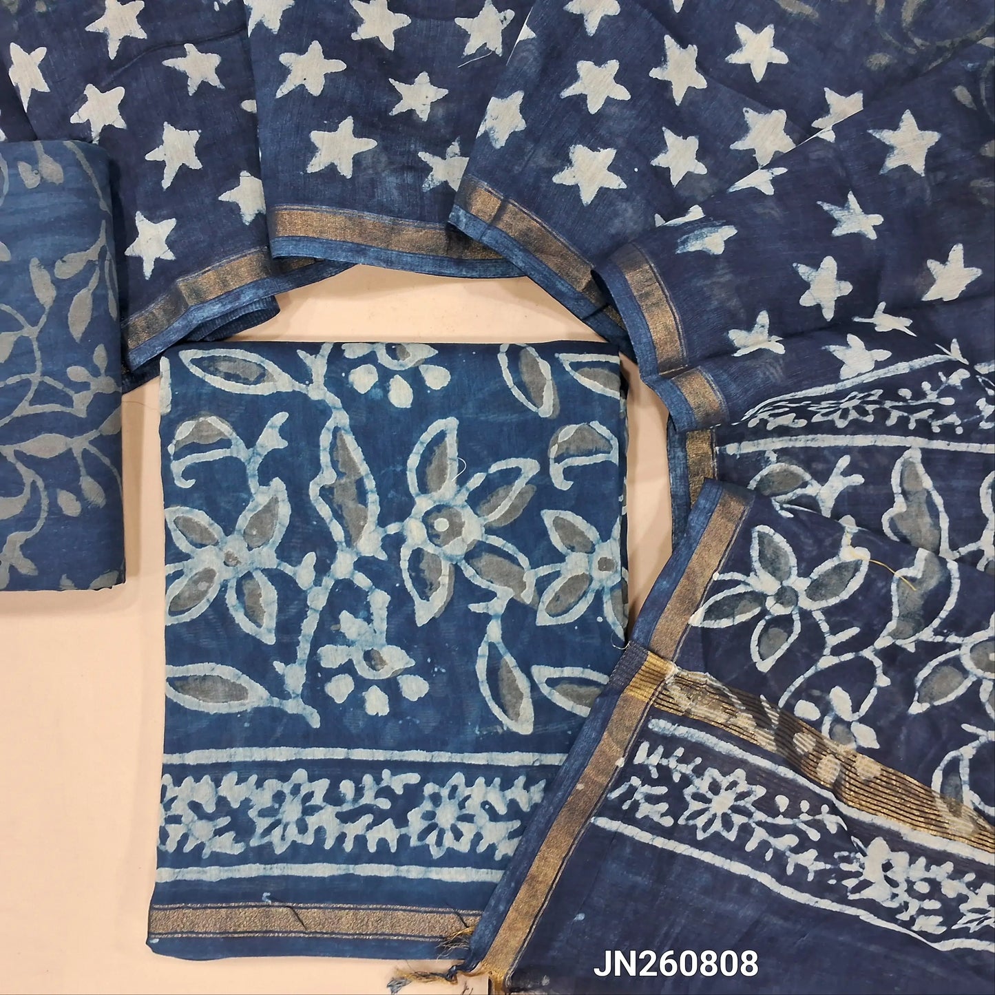 Indigo blue hand block printed premium chanderi silk cotton unstitched salwar material,(lining needed)block printed cotton bottom, block printed chanderi silk cotton dupatta with tissue borders. JN260808