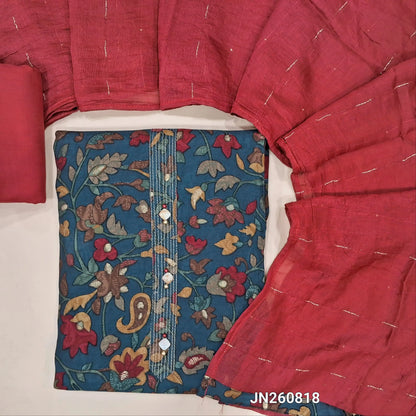 Dark blue digital printed silk cotton unstitched salwar material, zari work on yoke, (lining needed) reddish maroon cotton bottom,zari and sequins work on soft silk cotton dupatta. JN260818