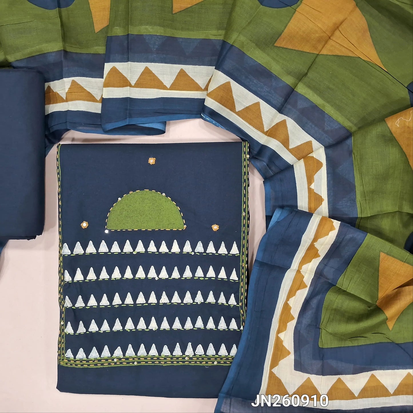 Blue dabu cotton unstitched salwar material,hand block printed & kantha stitch work on yoke(soft,lining optional) dabu cotton bottom, printed mul cotton dupatta. JN260910