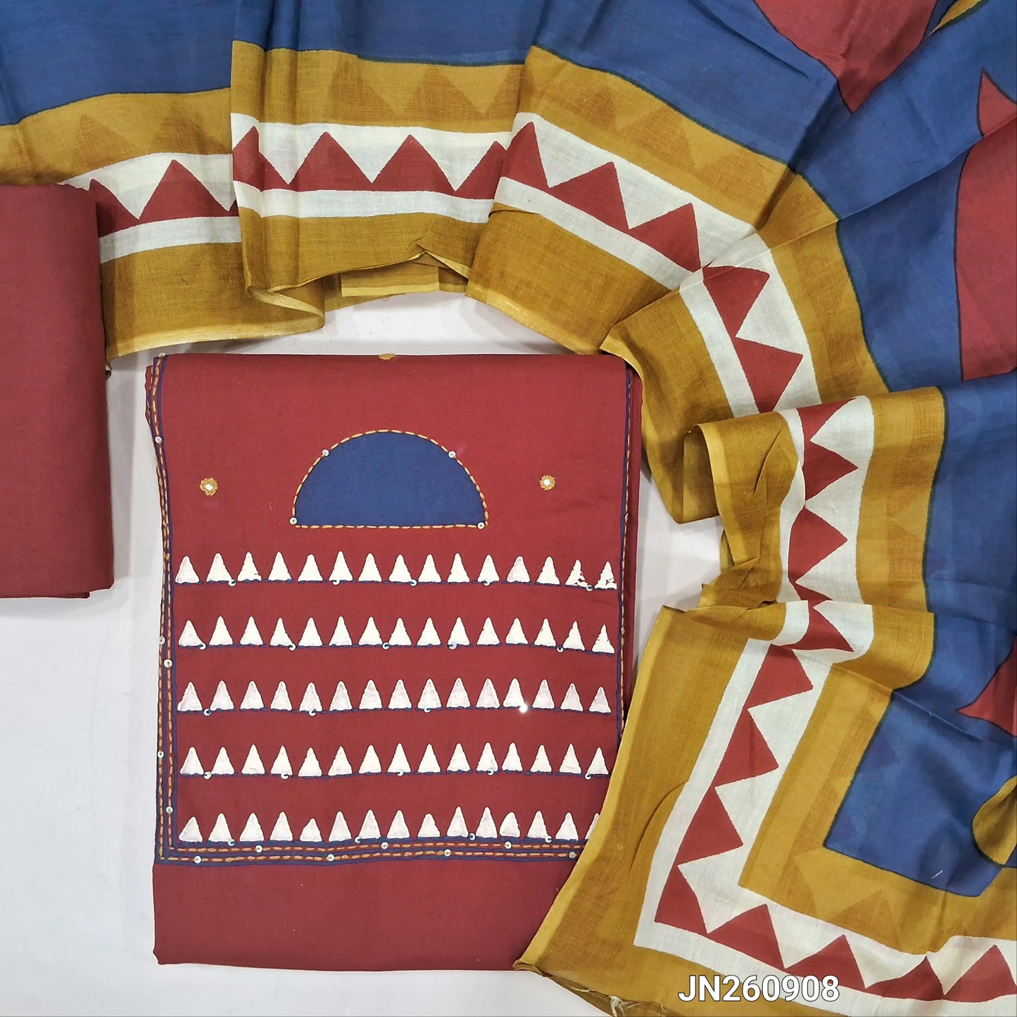 Maroon dabu cotton unstitched salwar material,hand block printed & kantha stitch work on yoke(soft,lining optional) dabu cotton bottom, printed mul cotton dupatta. JN260908