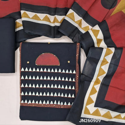Black dabu cotton unstitched salwar material,hand block printed & kantha stitch work on yoke(soft,lining optional) dabu cotton bottom, printed mul cotton dupatta. JN260909