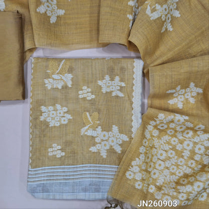Rich beige jamdani woven premium silk cotton unstitched salwar material ( soft,lining needed) panel jamdani woven on front, mughal printed all over,matching silky bottom, jamdani woven silk cotton full length dupatta with tassels. JN260903