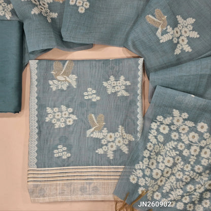 Blueish grey jamdani woven premium silk cotton unstitched salwar material ( soft,lining needed) panel jamdani woven on front, mughal printed all over,matching silky bottom, jamdani woven silk cotton full length dupatta with tassels. JN260902