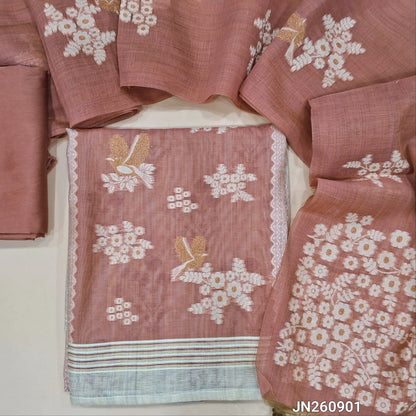 Oinon pink jamdani woven premium silk cotton unstitched salwar material ( soft,lining needed) panel jamdani woven on front, mughal printed all over,matching silky bottom, jamdani woven silk cotton full length dupatta with tassels. JN260901