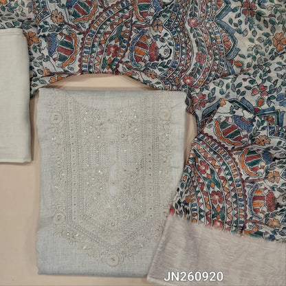 Rich Beige semi linen unstitched salwar material (textured,lining needed) self embroidery & sequins work on yoke, matching spun cotton bottom, madhubani digital printed semi linen dupatta with zari borders. JN260920