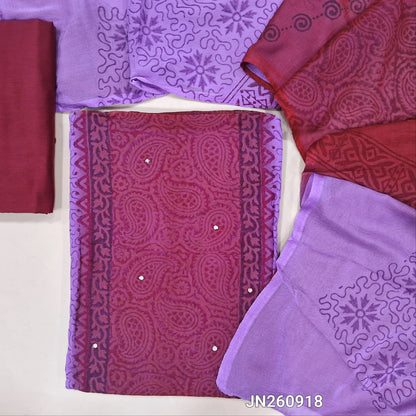 Lavender & pink block printed semi georgette unstitched salwar material,(lining needed)panel design, faux mirror work on front, maroon silk cotton bottom, block printed dual shaded fancy chiffon dupatta.(TAPING NEEDED)JN260918