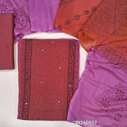 Pink & maroon block printed semi georgette unstitched salwar material,(lining needed)panel design, faux mirror work on front, maroon silk cotton bottom, block printed dual shaded fancy chiffon dupatta.(TAPING NEEDED)JN260927