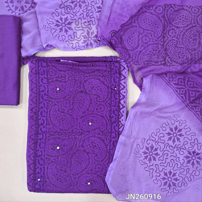 Dark purple & lavender block printed semi georgette unstitched salwar material,(lining needed)panel design, faux mirror work on front, maroon silk cotton bottom, block printed dual shaded fancy chiffon dupatta.(TAPING NEEDED)JN260916