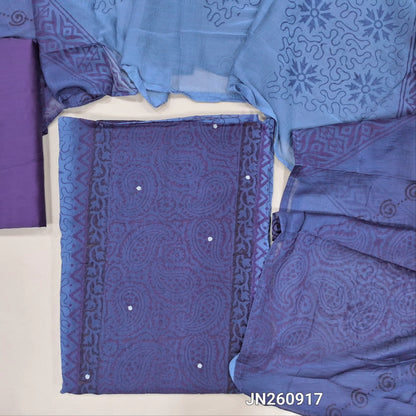 Dark blue & light blue block printed semi georgette unstitched salwar material,(lining needed)panel design, faux mirror work on front, maroon silk cotton bottom, block printed dual shaded fancy chiffon dupatta.(TAPING NEEDED)JN260917