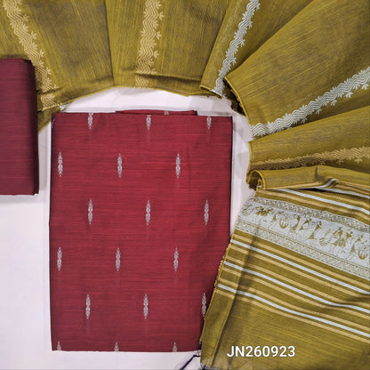 Maroon slub silk cotton unstitched salwar material,thread weaving all over(lining needed)matching silk cotton bottom,silver and gold zari weaving on slub silk cotton dupatta with pallu.(TAPING NEEDED) JN260923