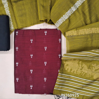 Maroon slub silk cotton unstitched salwar material,thread weaving all over(lining needed)black silk cotton bottom,silver and gold zari weaving on slub silk cotton dupatta with pallu.(TAPING NEEDED) JN260925