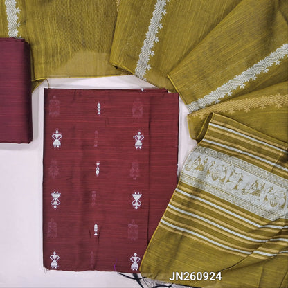 Maroon slub silk cotton unstitched salwar material,warli weaving all over(lining needed)matching silk cotton bottom,silver and gold zari weaving on slub silk cotton dupatta with pallu.(TAPING NEEDED) JN260924