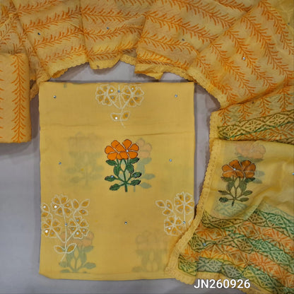 Designer yellow pure cotton unstitched salwar material,hand block prints, applique ,embroidery & sequins work on front (lining needed) block printed cotton bottom,block printed pure chifffon dupatta with lace tapping. JN260926