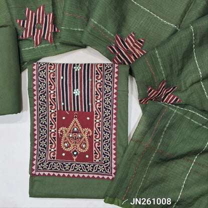 Leafy green premium dabu cotton unstitched salwar material,hand block prints & ajrak yoke patch with faux mirror work on yoke(lining optional)matching spun cotton bottom, floral applique work on kantha stitch detailing & kota dupatta. JN261008