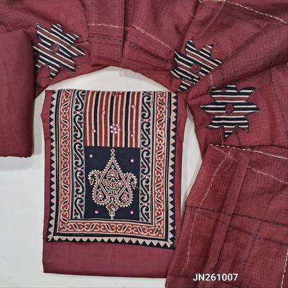 Dark maroon premium dabu cotton unstitched salwar material,hand block prints & ajrak yoke patch with faux mirror work on yoke(lining optional)matching spun cotton bottom, floral applique work on kantha stitch detailing & kota dupatta. JN261007