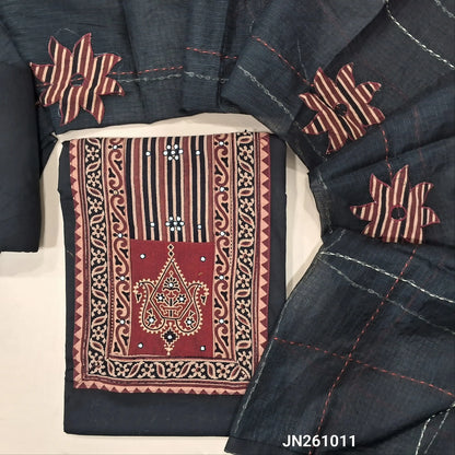 Black premium dabu cotton unstitched salwar material,hand block prints & ajrak yoke patch with faux mirror work on yoke(lining optional)matching spun cotton bottom, floral applique work on kantha stitch detailing & kota dupatta. JN261011